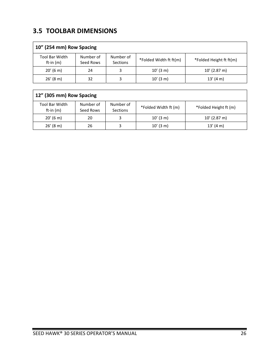 5 toolbar dimensions | Seed Hawk 30 SERIES: 600C & 800C 2013 User Manual | Page 26 / 127