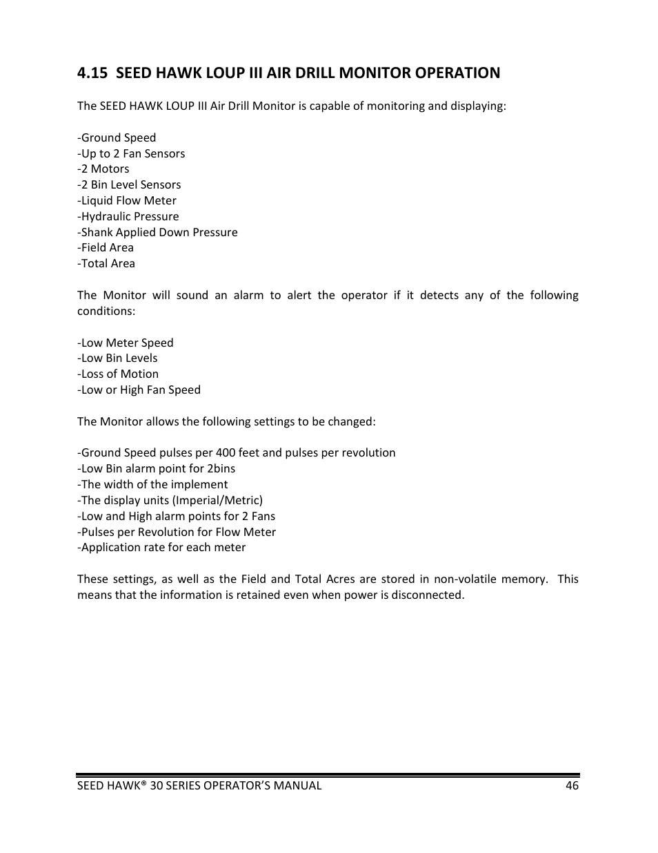 15 seed hawk loup iii air drill monitor operation | Seed Hawk 30 SERIES: 600C & 800C 2013 User Manual | Page 46 / 127
