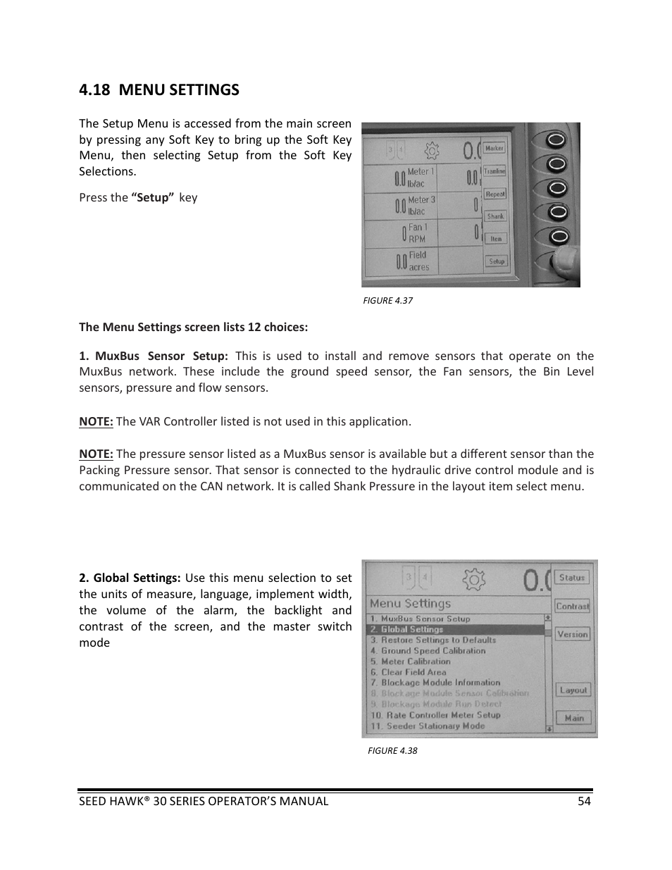 18 menu settings | Seed Hawk 30 SERIES: 600C & 800C 2013 User Manual | Page 54 / 127