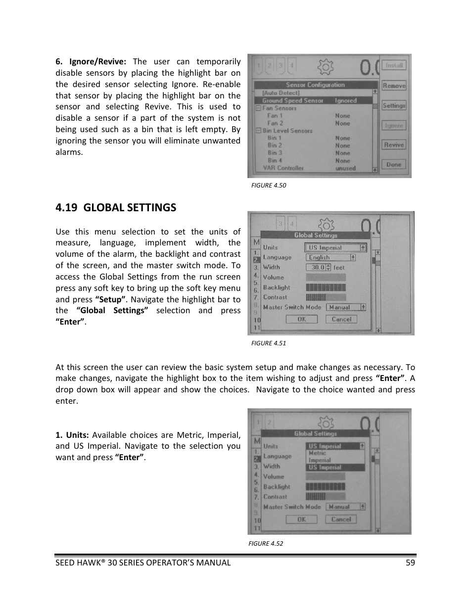 19 global settings | Seed Hawk 30 SERIES: 600C & 800C 2013 User Manual | Page 59 / 127
