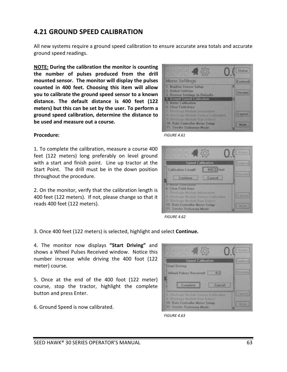 21 ground speed calibration | Seed Hawk 30 SERIES: 600C & 800C 2013 User Manual | Page 63 / 127