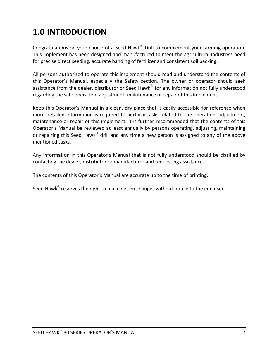0 introduction | Seed Hawk 30 SERIES: 600C & 800C 2013 User Manual | Page 7 / 127