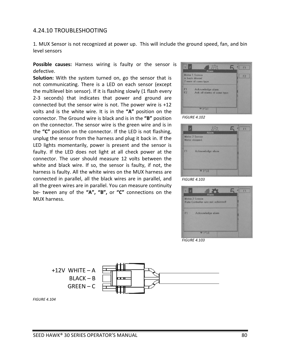 10 troubleshooting, 12v white – a black – b green – c | Seed Hawk 30 SERIES: 600C & 800C 2013 User Manual | Page 80 / 127