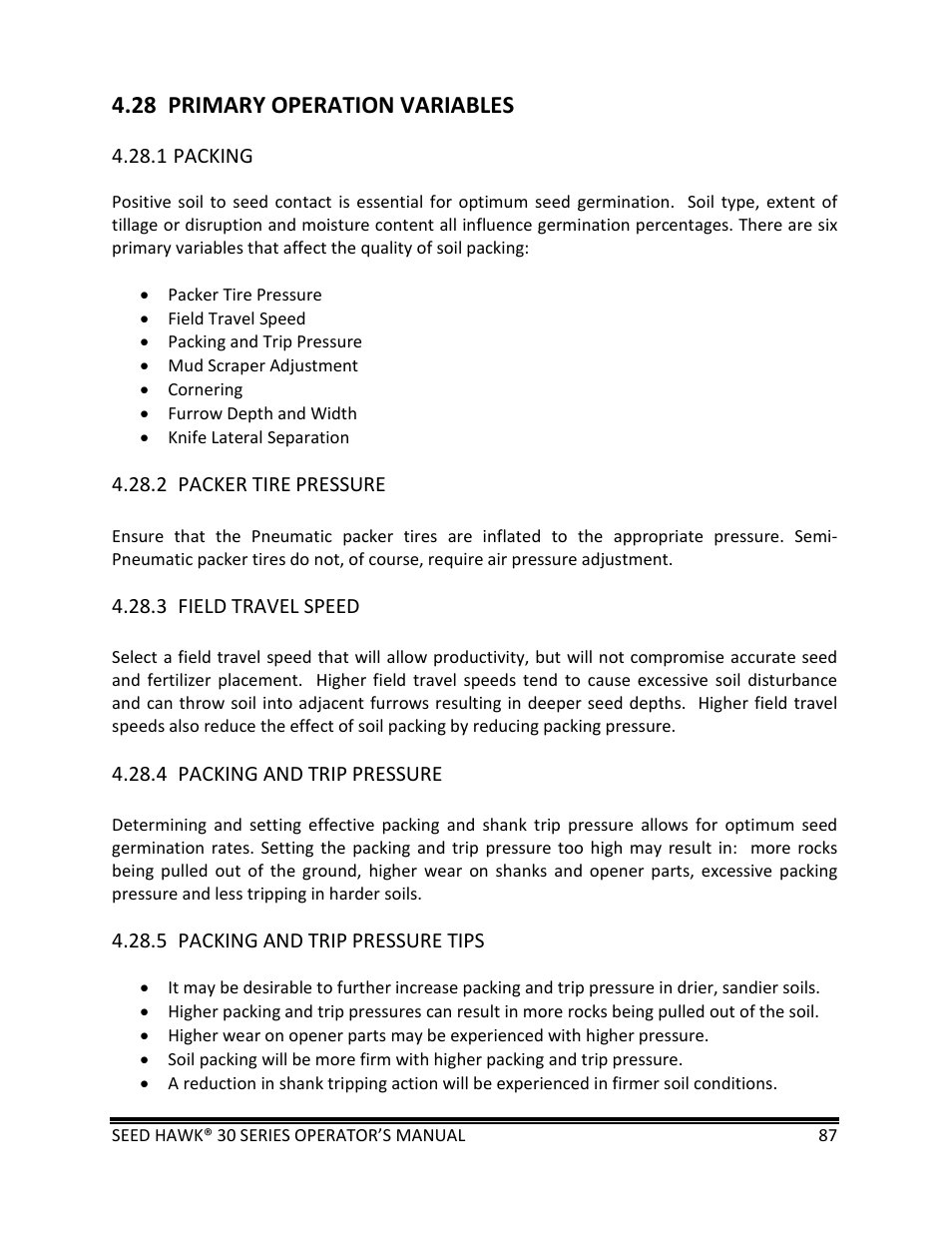 28 primary operation variables | Seed Hawk 30 SERIES: 600C & 800C 2013 User Manual | Page 87 / 127