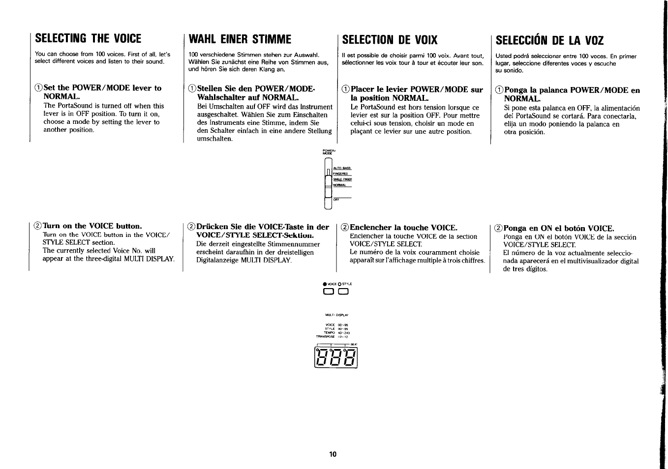 Selecting the voice, Wahl einer stimme, Selection de voix | Selección de la voz | Yamaha PSS-390 User Manual | Page 11 / 47