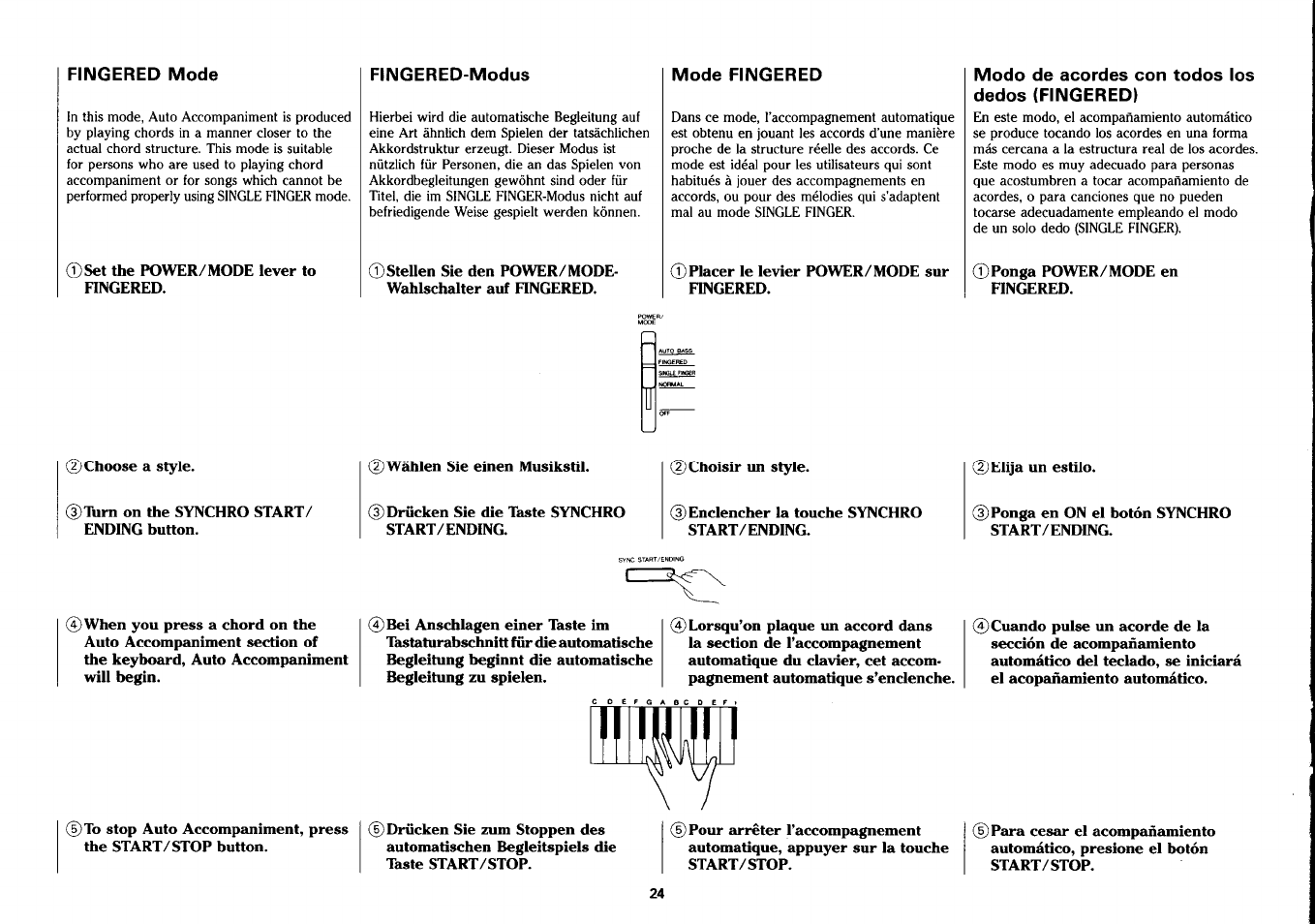 Fingered mode, Fingereo-modus, Mode fingered | Modo de acordes con todos los dedos (fingered) | Yamaha PSS-390 User Manual | Page 25 / 47