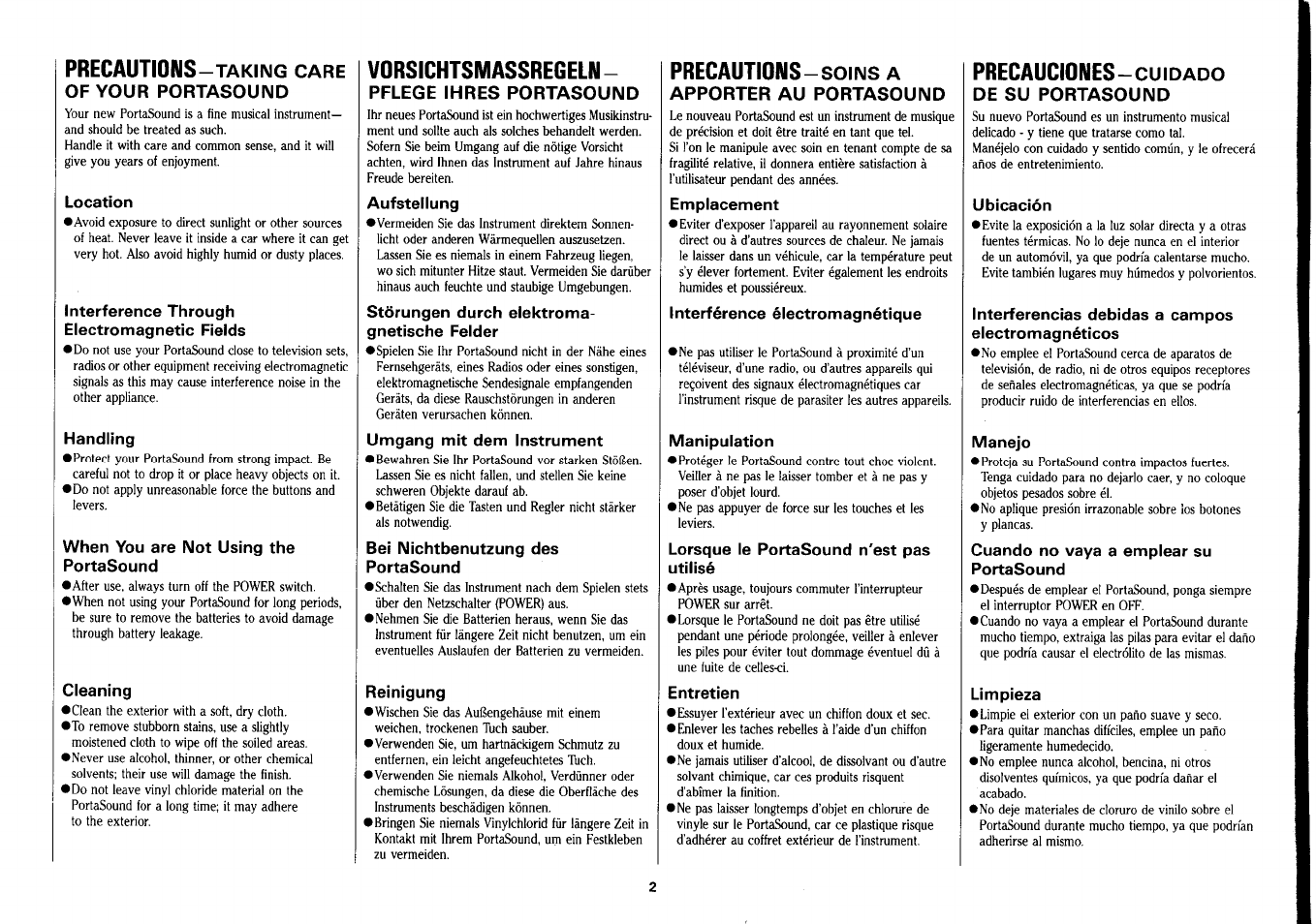 Precautions-taking care of your portasound, Vorsichtsmassregeln, Pflege ihres portasound | Precautions-soins a apporter au portasound, De su portasound | Yamaha PSS-390 User Manual | Page 3 / 47