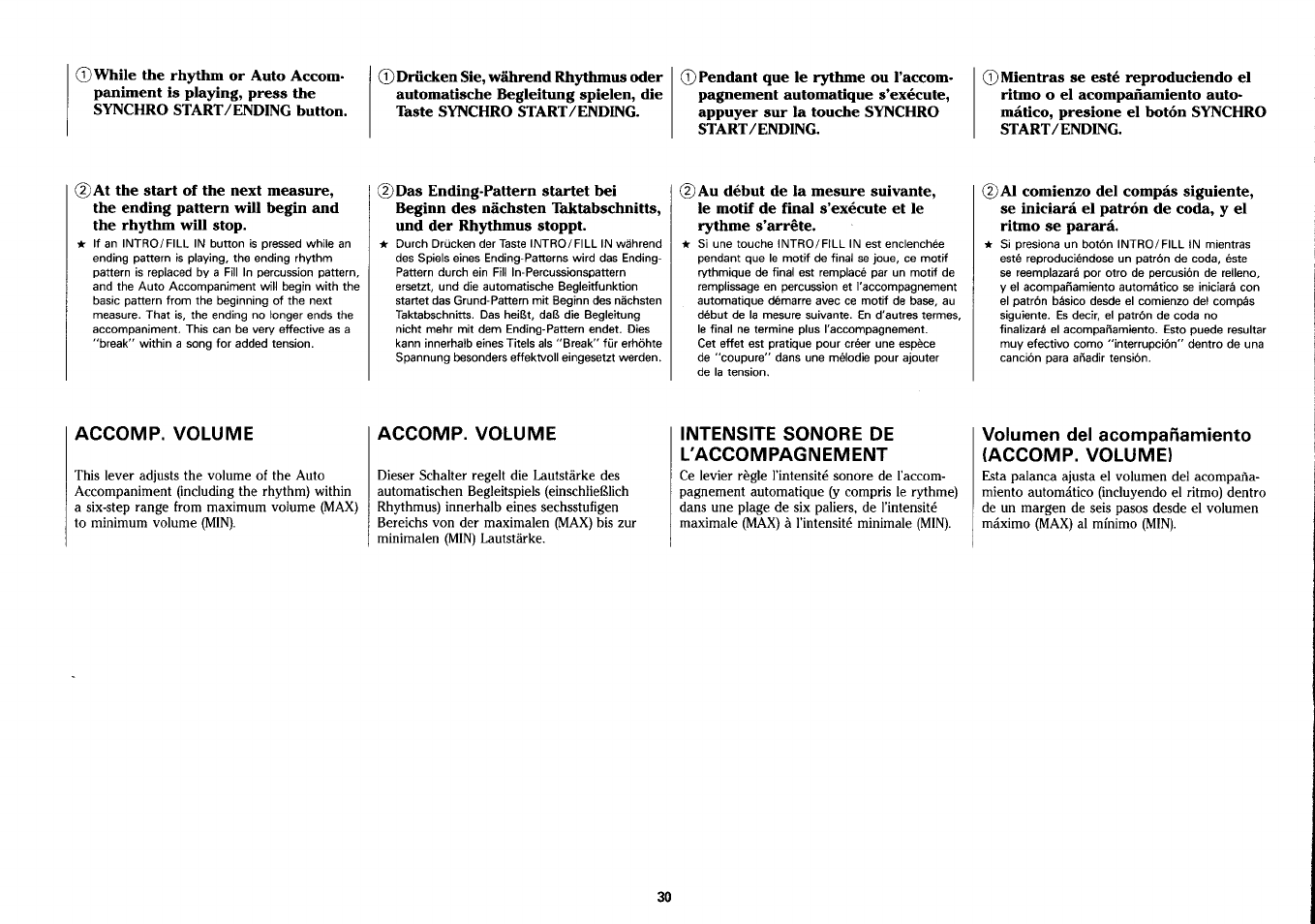 Accomp. volume, Intensite sonore de l'accompagnement, Volumen del acompañamiento (accomp. volume) | Yamaha PSS-390 User Manual | Page 31 / 47