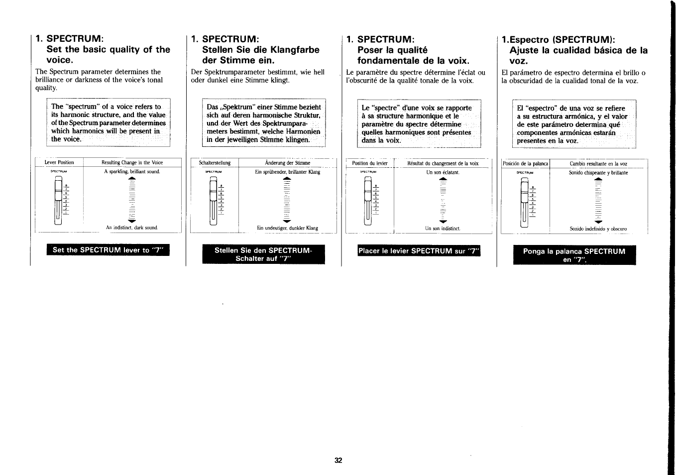 Spectrum, Set the basic quality of the voice, Poser la qualité fondamentale de la voix | Espectro (spectrum), Ajuste la cualidad básica de la voz | Yamaha PSS-390 User Manual | Page 33 / 47