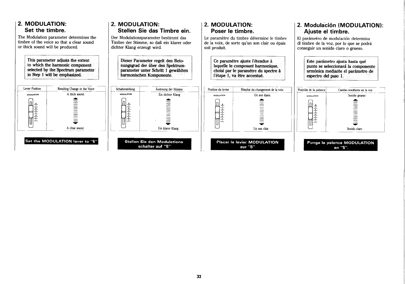 Modulation, Set the timbre, Poser le timbre | Modulación (modulation); ajuste el timbre, Modulation: stellen sie das timbre ein, Modulation: set the timbre, Modulation: poser le timbre | Yamaha PSS-390 User Manual | Page 34 / 47