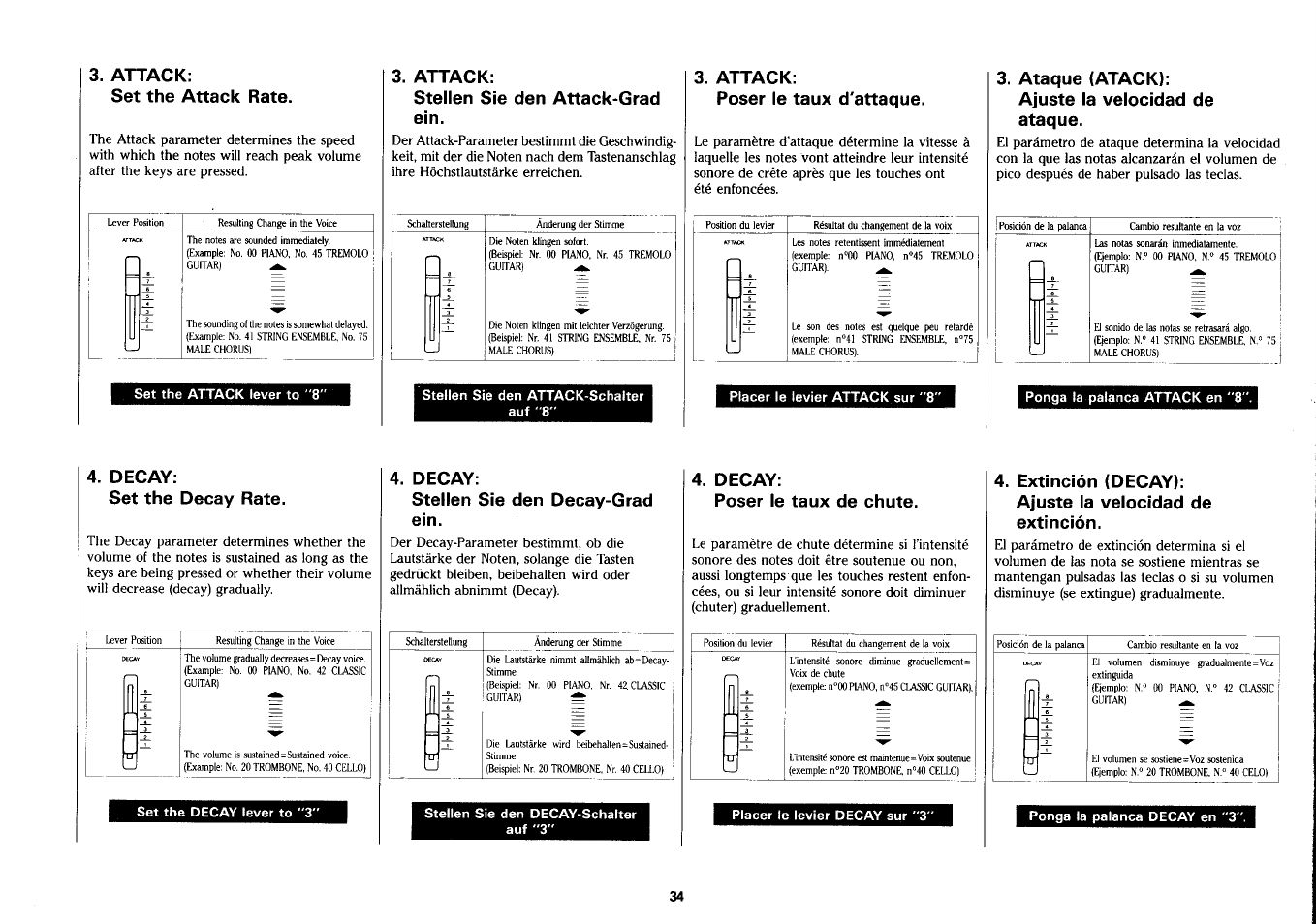 Ataque (atack), Ajuste la velocidad de ataque, Decay | Set the decay rate, Stellen sie den decay-grad ein, Poser le taux de chute, Extinción {decay), Ajuste la velocidad de extinción, Attack: set the attack rate, Attack: stellen sie den attack-grad ein | Yamaha PSS-390 User Manual | Page 35 / 47