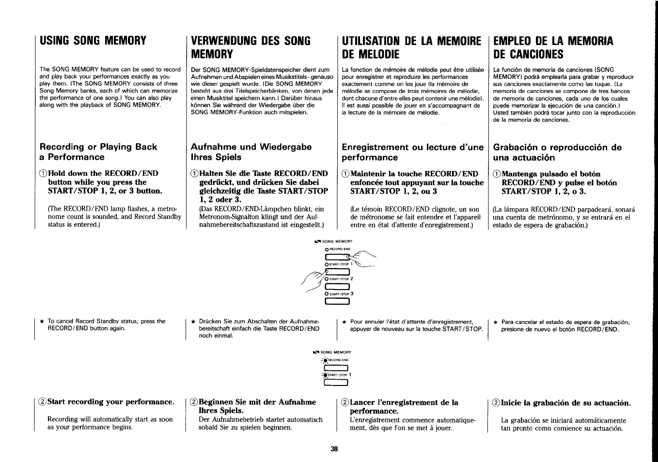 Using song memory, Recording or playing back a performance, Verwendung des song memory | Aufnahme und wiedergabe ihres spiels, Utilisation de la memoire de melodie, Enregistrement ou lecture d'une performance, Empleo de la memoria de canciones, Grabación o reproducción de una actuación, Verwendung der song memory | Yamaha PSS-390 User Manual | Page 39 / 47