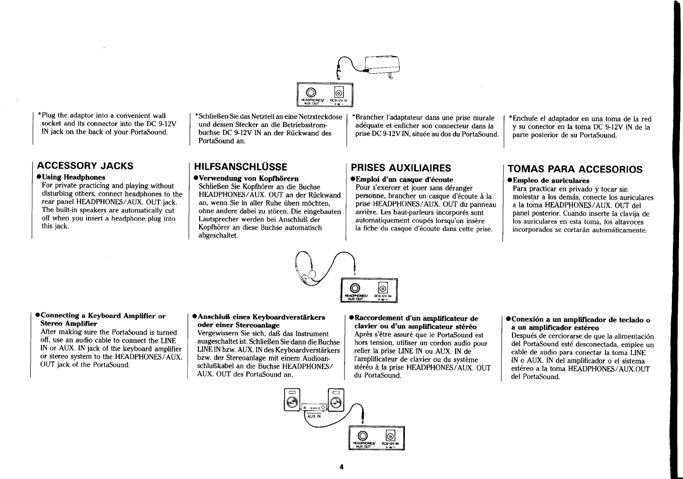 Accessory jacks, Hilfsanschlüsse, Prises auxiliaires | Tomas para accesorios | Yamaha PSS-390 User Manual | Page 5 / 47