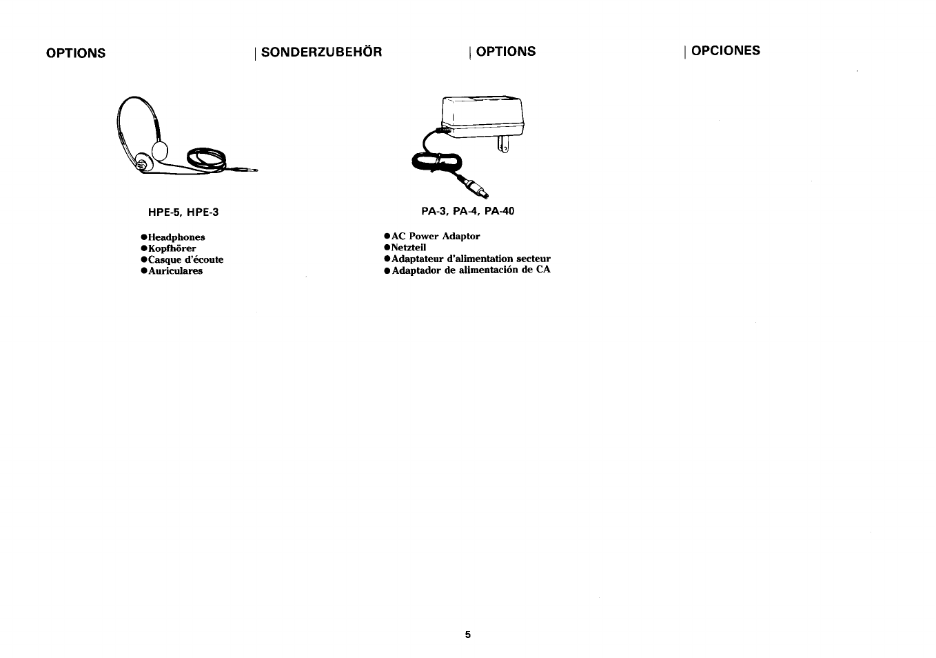 Options, Sonderzubehör, Opciones | Hpe-5, hpe-3 | Yamaha PSS-390 User Manual | Page 6 / 47