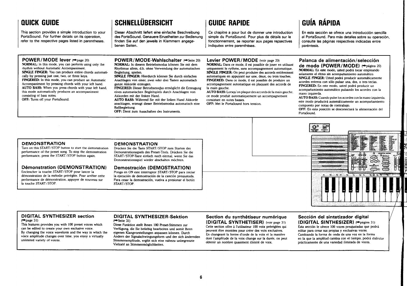 Quick guide, Schnellübersicht, Guide rapide | Guia rapida, Power/mo de-wahlschalter (-*seite 20), Demonstration, Démonstration (demonstration), Demostración (demostration), Digital synthesizer section, Digital synthesizer-sektion | Yamaha PSS-390 User Manual | Page 7 / 47