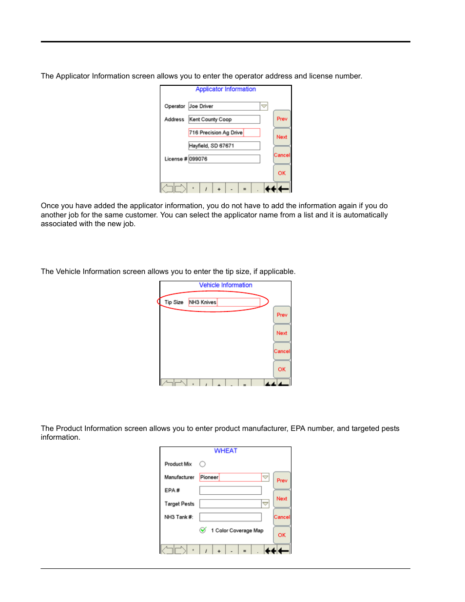 Applicator information, Vehicle information, Product information | Seed Hawk Raven 2010 User Manual | Page 134 / 248