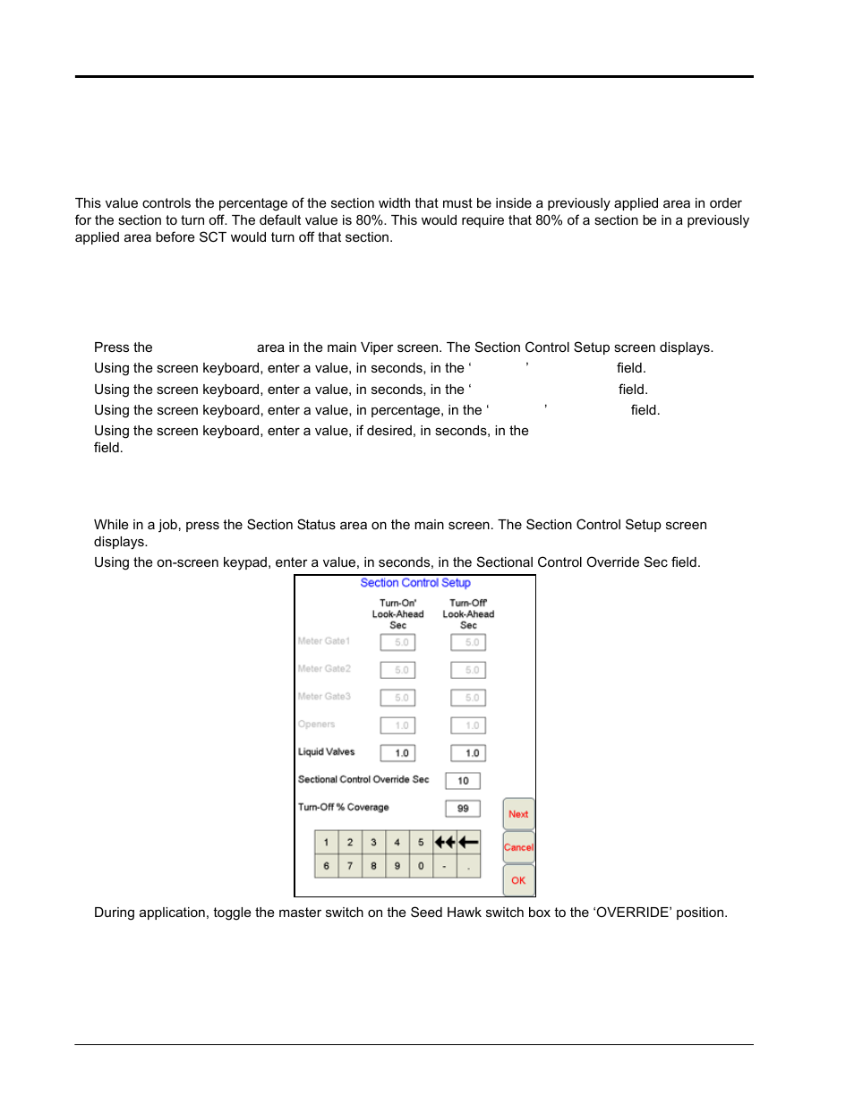 Configuring sct control, Enabling sectional control override | Seed Hawk Raven 2010 User Manual | Page 144 / 248