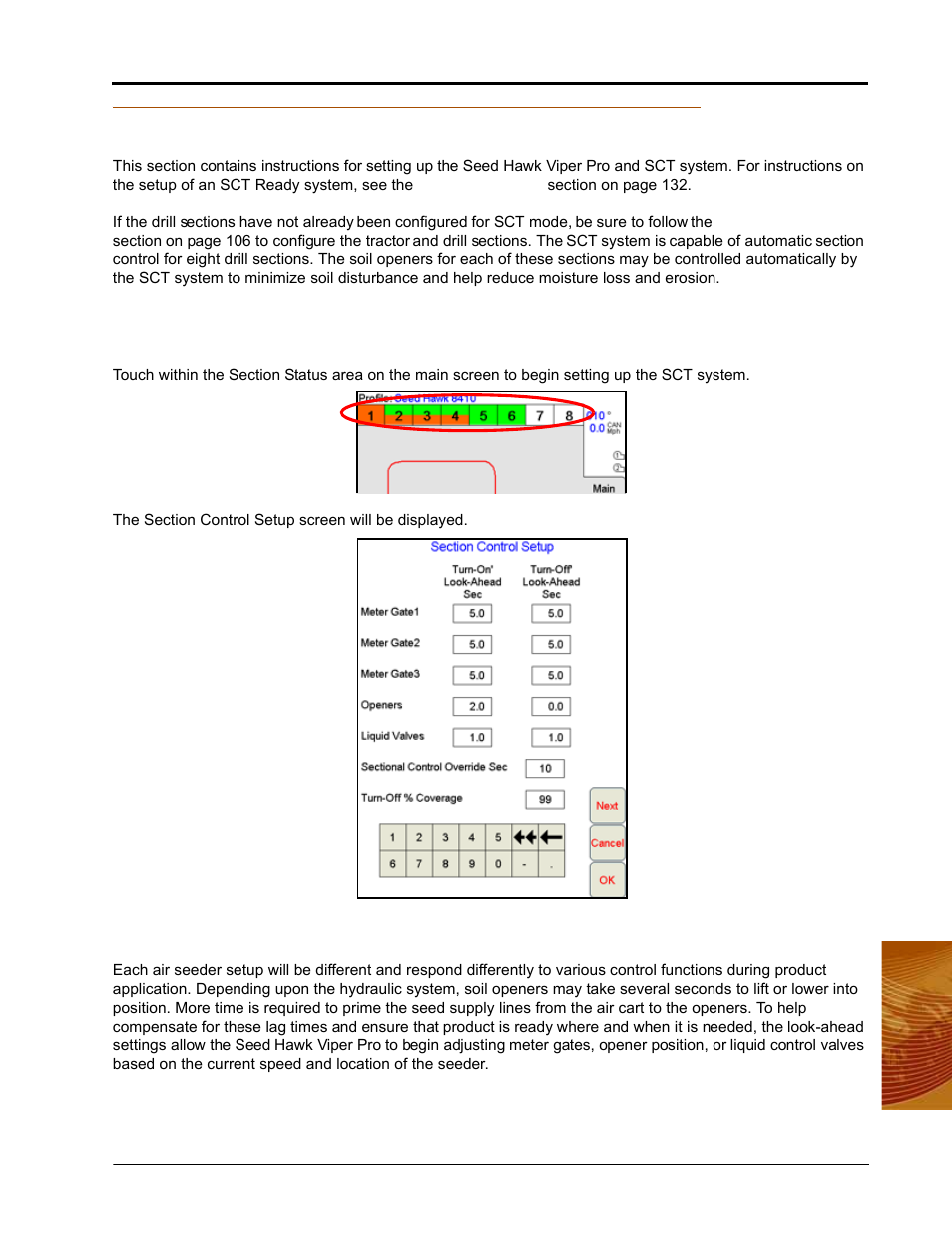 Sectional control technology™ (sct), Section control setup screen, Sectional control technology™ (sct) section on | Seed Hawk Raven 2010 User Manual | Page 147 / 248
