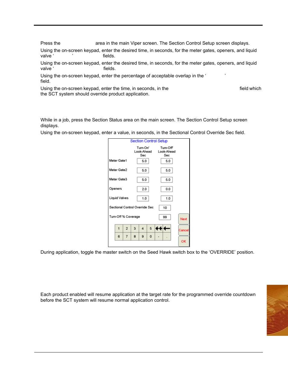 Configuring sct control, Enabling sectional control override | Seed Hawk Raven 2010 User Manual | Page 149 / 248