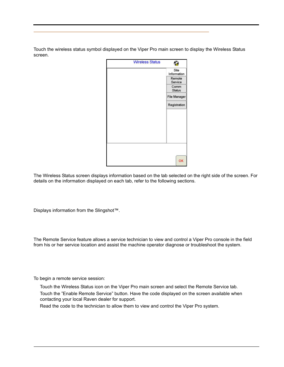 Wireless status screen, Site information tab, Remote service tab | Seed Hawk Raven 2010 User Manual | Page 237 / 248