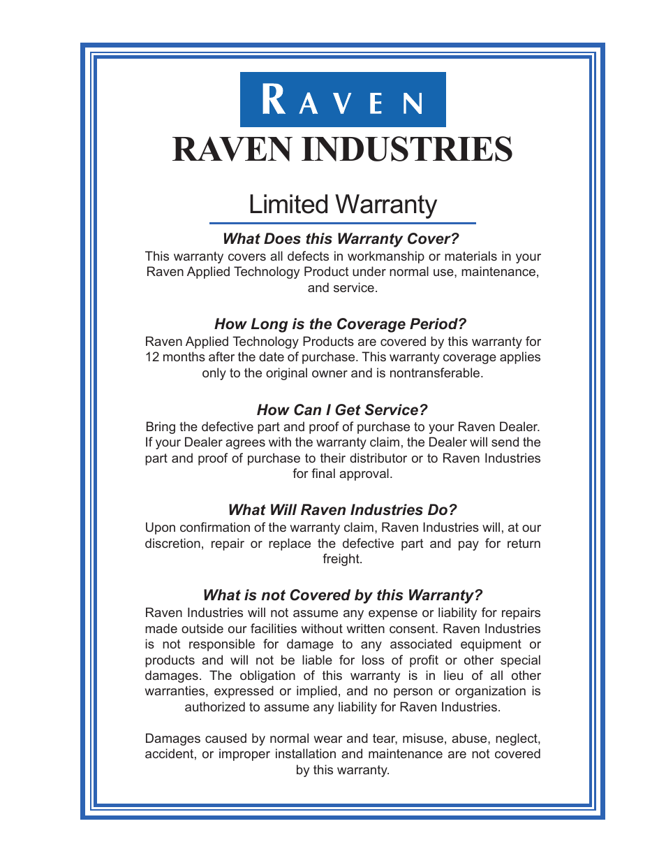 Raven industries, Limited warranty | Seed Hawk Raven 2010 User Manual | Page 247 / 248