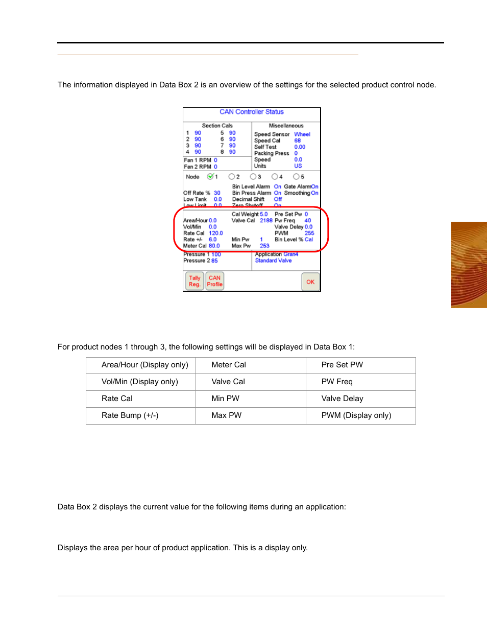 Data box 2 for products 1-3, Data box 2 display only values | Seed Hawk Raven 2010 User Manual | Page 49 / 248