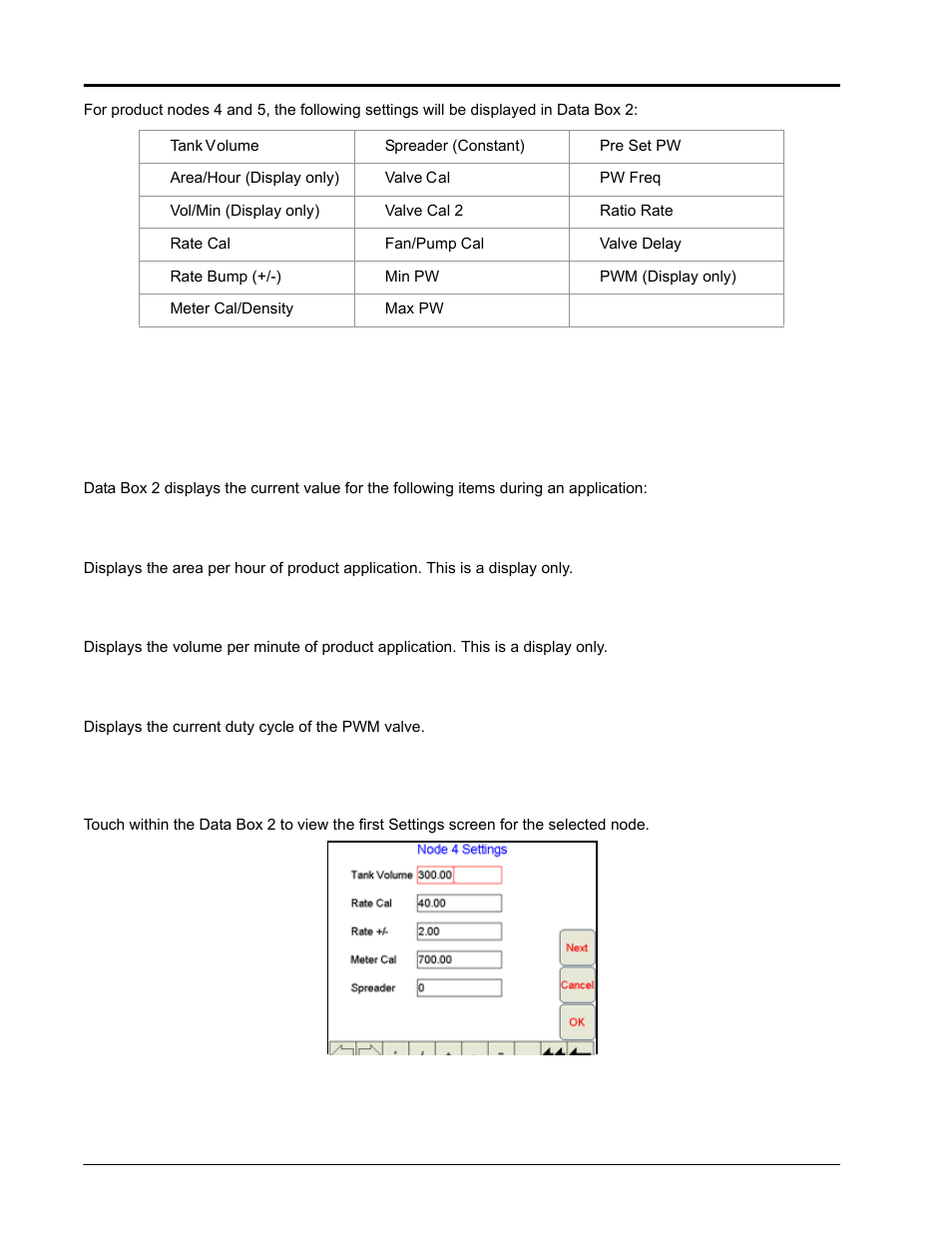 Data box 2 displays, Node settings screen (page 1) | Seed Hawk Raven 2010 User Manual | Page 54 / 248