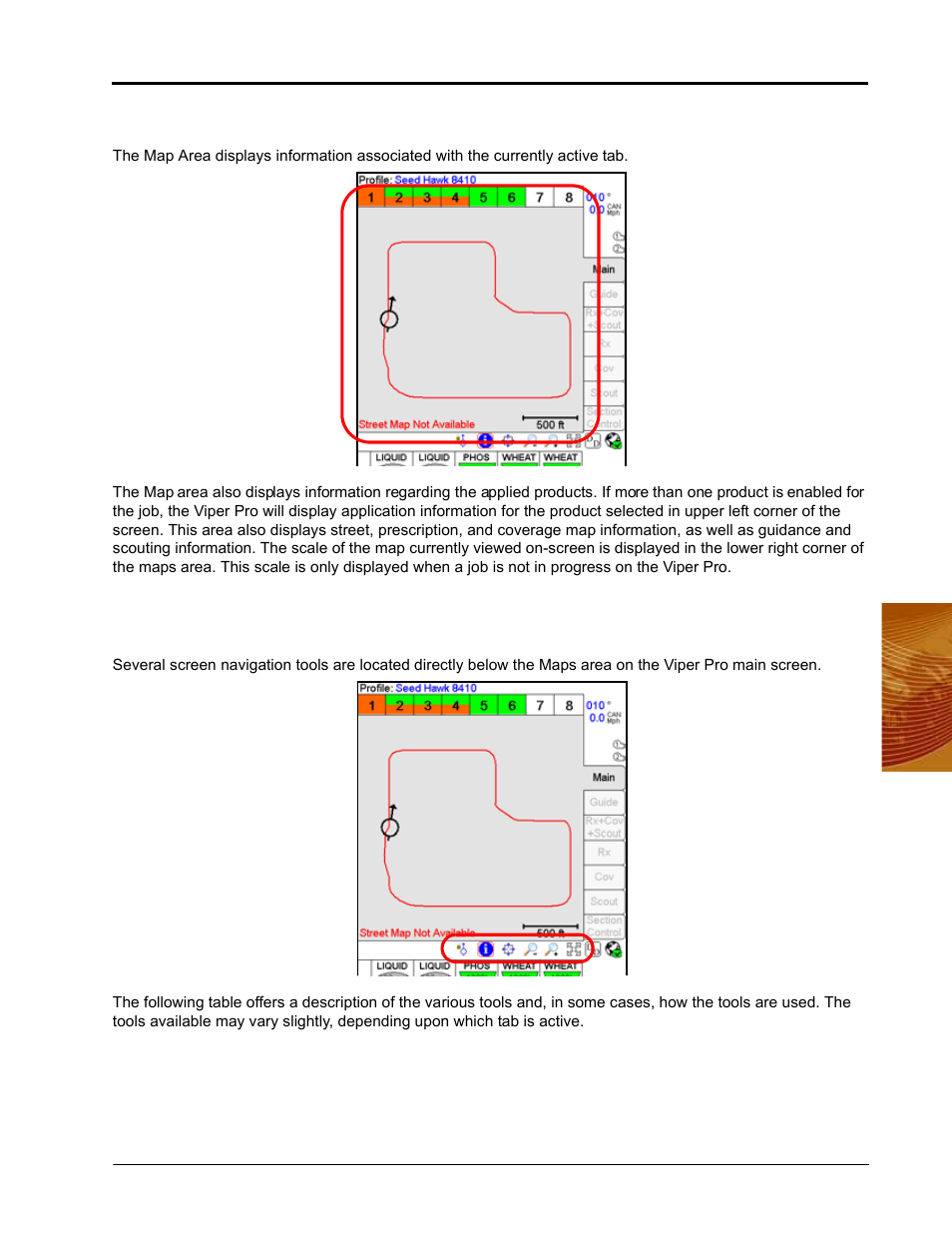 Map area, Screen tool icons, Map area screen tool icons | Seed Hawk Raven 2010 User Manual | Page 77 / 248