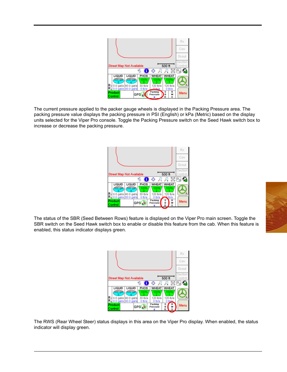 Packing pressure, Seed between rows (sbr), Rear wheel | Packing pressure seed between rows (sbr) | Seed Hawk Raven 2010 User Manual | Page 85 / 248