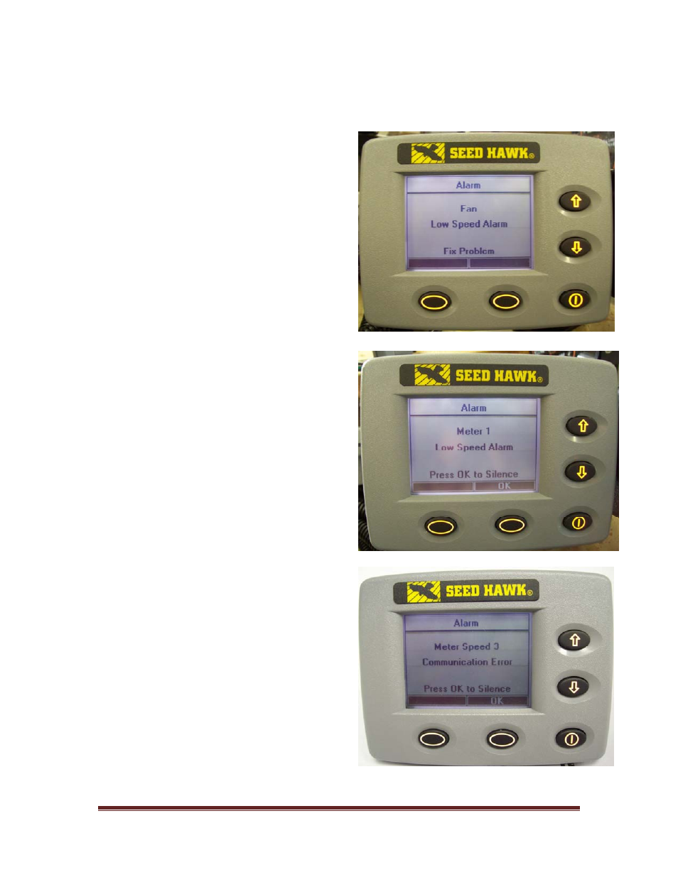 3 low and high fan speed alarm, 4 low meter speed, 5 communication error | Seed Hawk GRANULAR AND LIQUID TANKS 2010 User Manual | Page 44 / 72