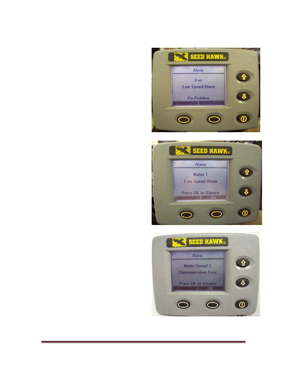 3 low and high fan speed alarm, 4 low meter speed, 5 communication error | Seed Hawk GRANULAR AND LIQUID TANKS 2009 User Manual | Page 44 / 72