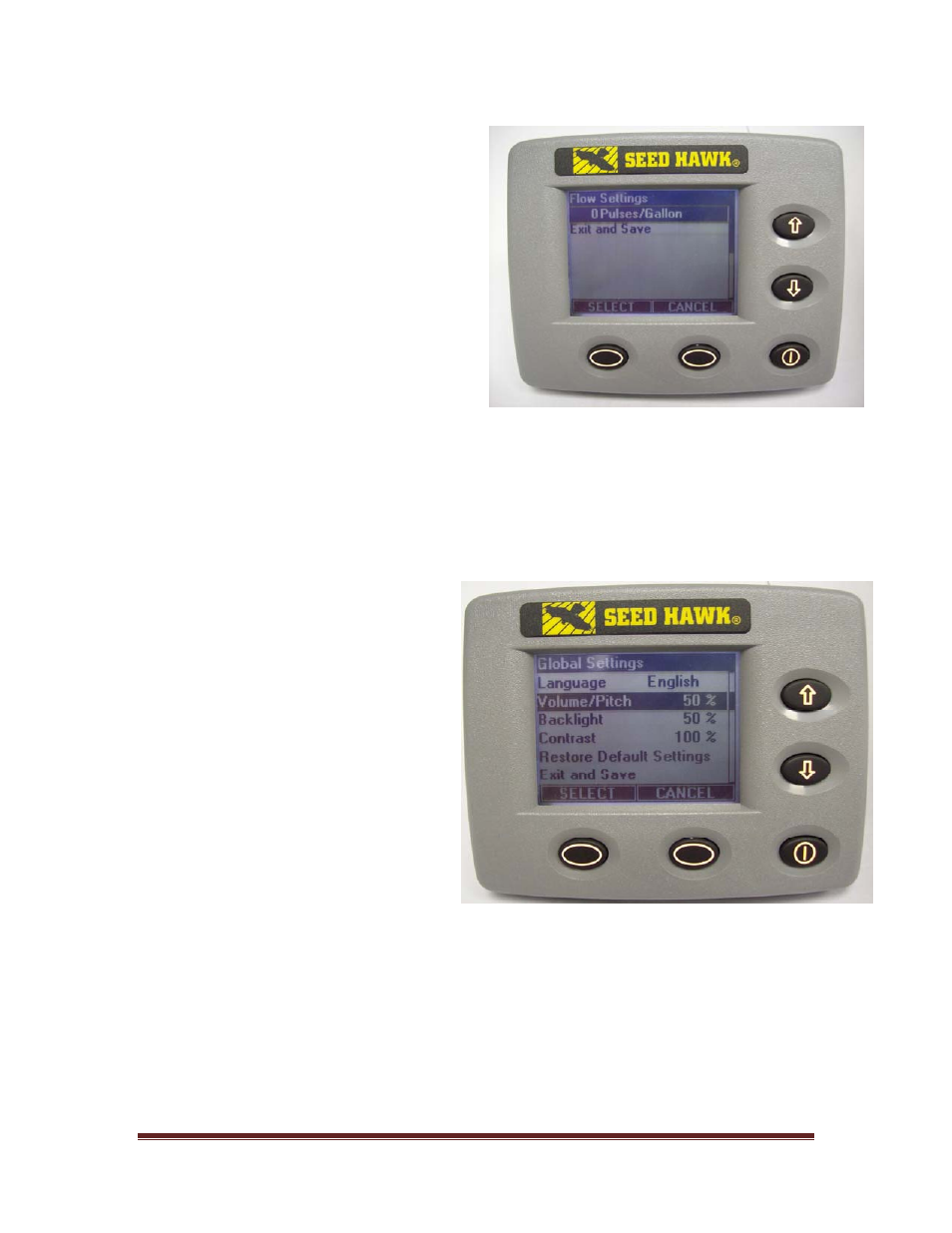 7 flow settings not applicable, 8 global settings, 1 volume/pitch | 2 backlight, 3 contrast | Seed Hawk GRANULAR AND LIQUID TANKS 2009 User Manual | Page 60 / 72