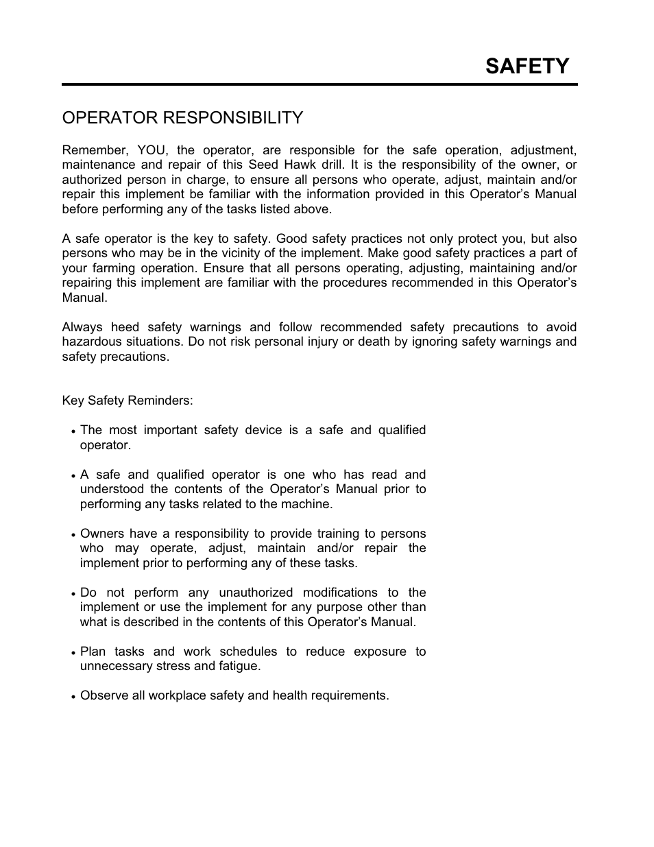 Safety, Operator responsibility | Seed Hawk GRANULAR AND LIQUID TANKS 2008 User Manual | Page 11 / 56