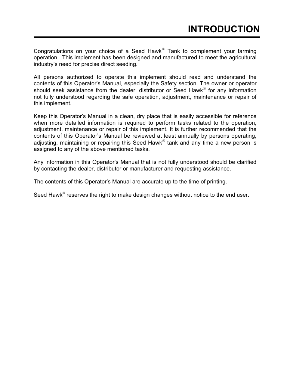 Introduction | Seed Hawk GRANULAR AND LIQUID TANKS 2008 User Manual | Page 4 / 56