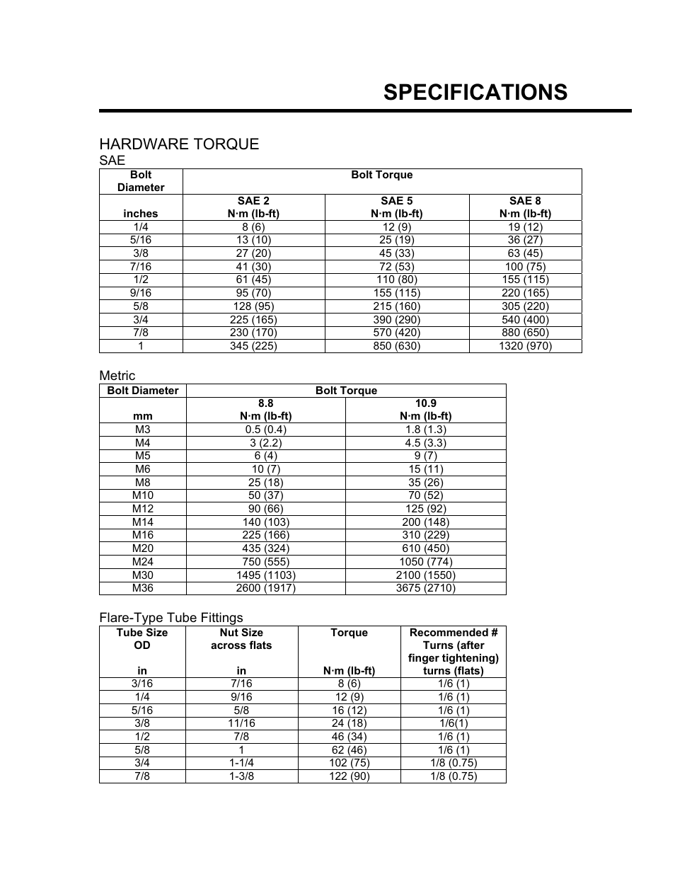 Specifications, Hardware torque | Seed Hawk GRANULAR AND LIQUID TANKS 2008 User Manual | Page 46 / 56