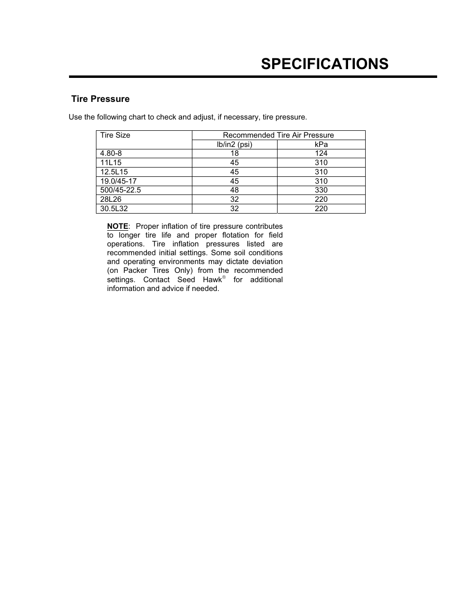 Specifications | Seed Hawk GRANULAR AND LIQUID TANKS 2008 User Manual | Page 47 / 56
