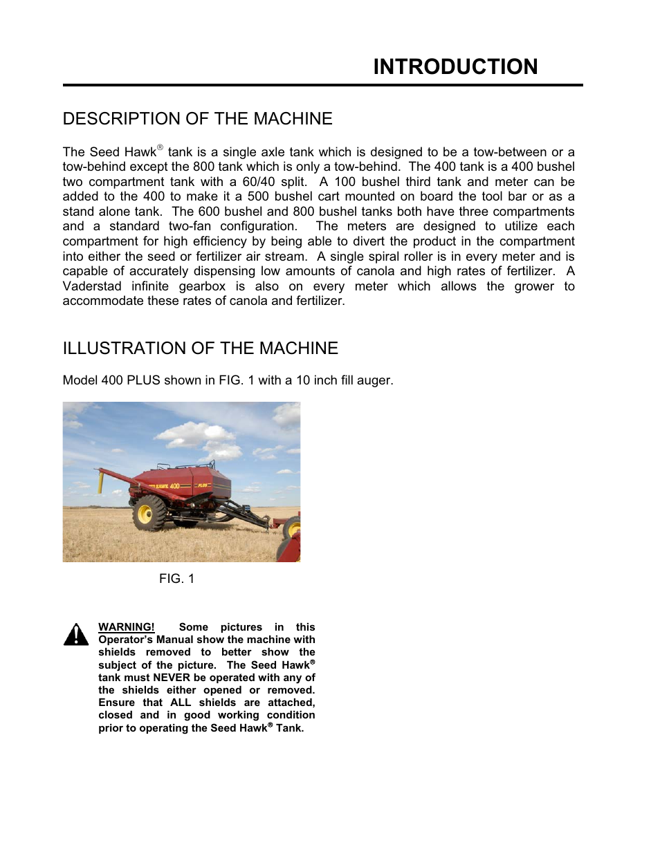 Introduction, Description of the machine, Illustration of the machine | Seed Hawk GRANULAR AND LIQUID TANKS 2008 User Manual | Page 5 / 56
