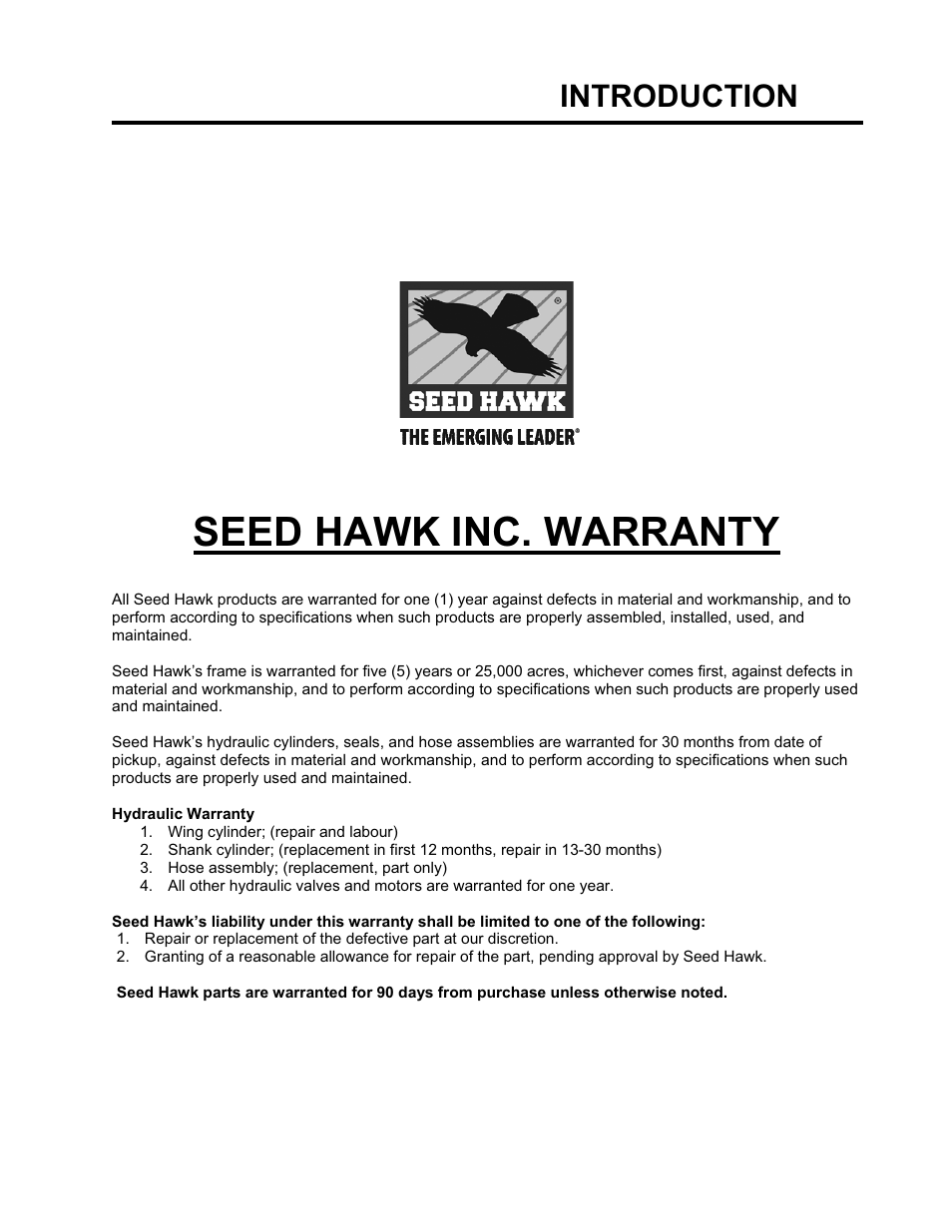 Seed hawk inc. warranty, Introduction | Seed Hawk GRANULAR AND LIQUID TANKS 2008 User Manual | Page 7 / 56