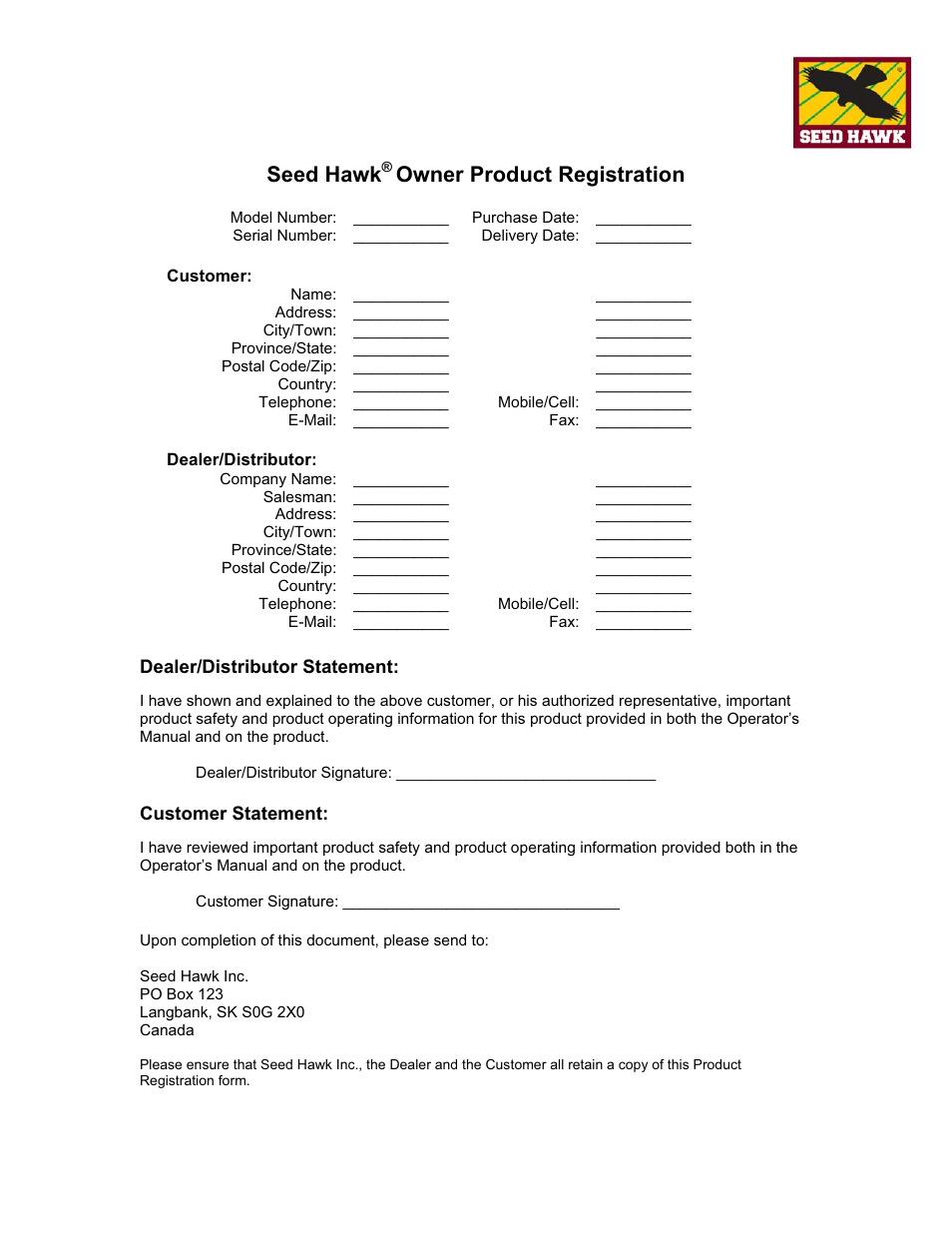 Seed hawk, Owner product registration | Seed Hawk GRANULAR AND LIQUID TANKS 2008 User Manual | Page 8 / 56