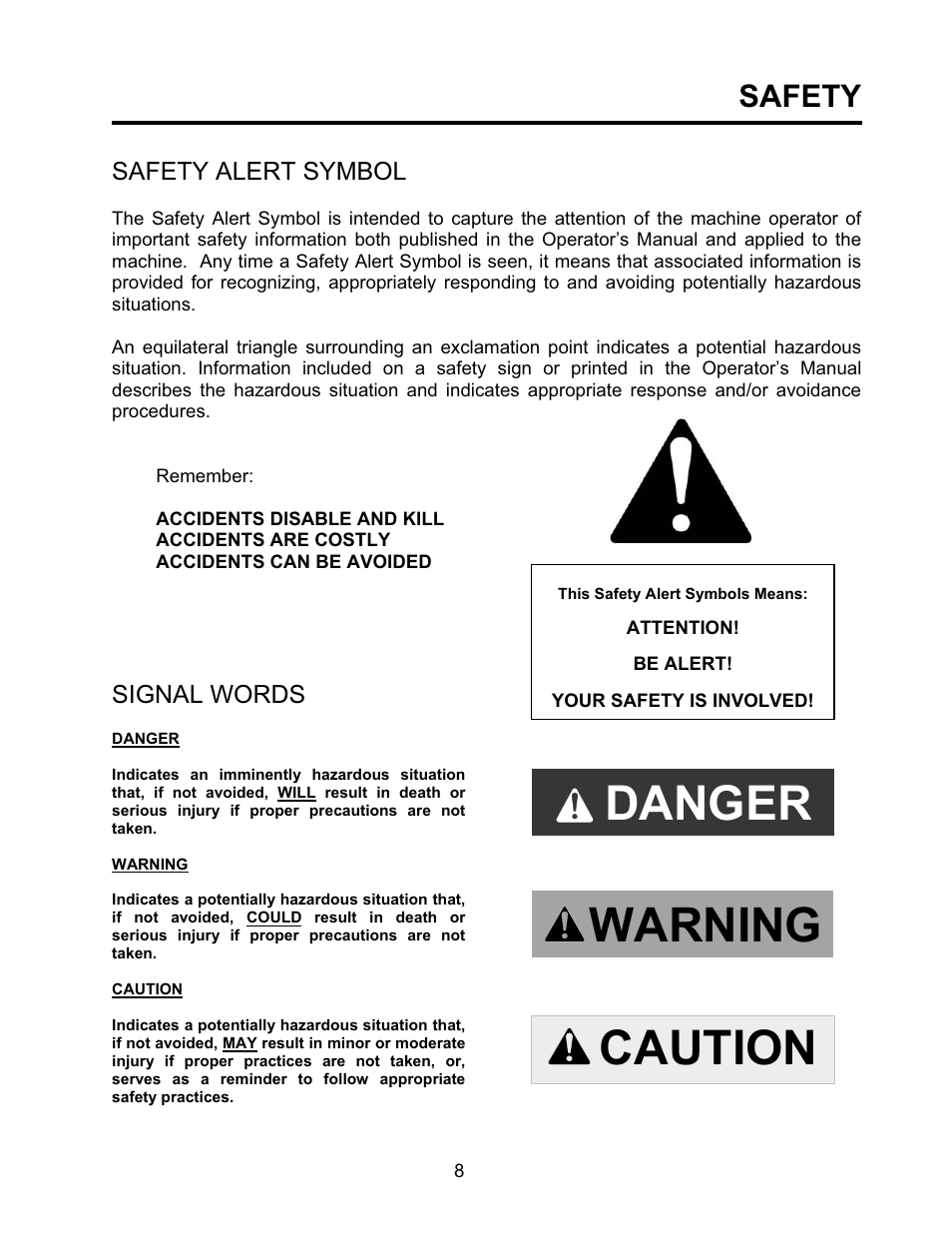 Danger, Warning, Caution | Safety | Seed Hawk TOOLBAR 2008 User Manual | Page 13 / 85