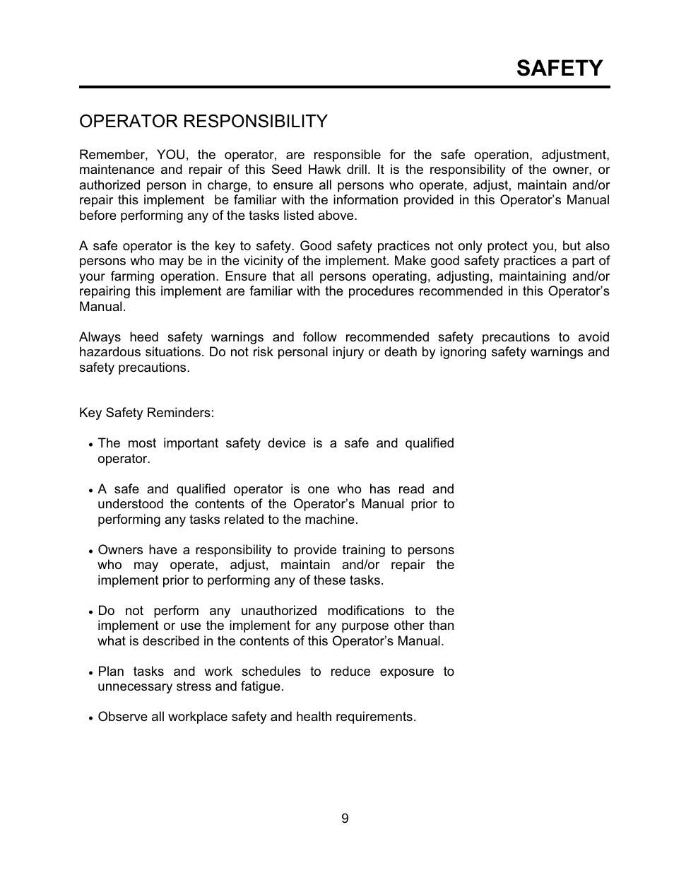 Safety, Operator responsibility | Seed Hawk TOOLBAR 2008 User Manual | Page 14 / 85