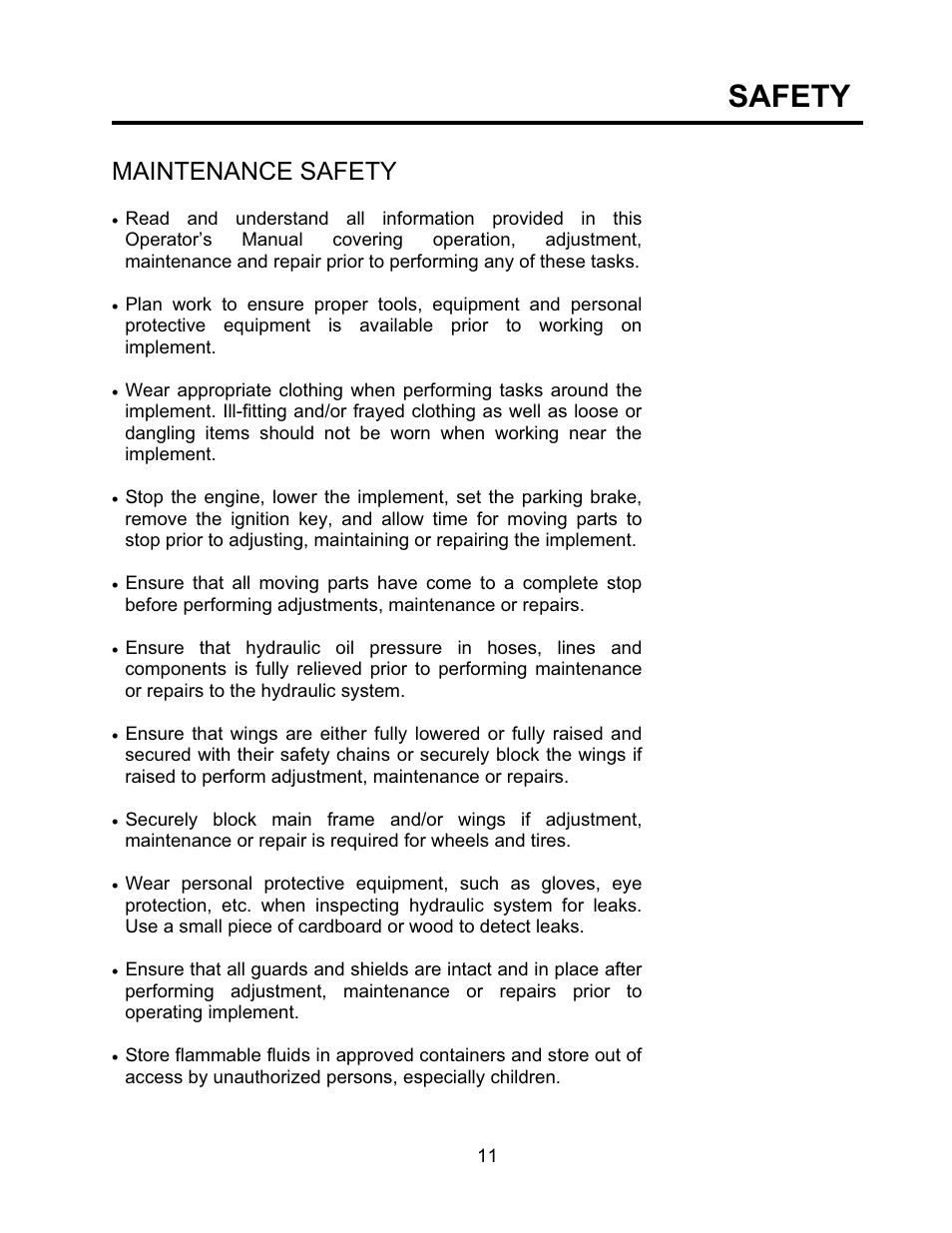 Safety, Maintenance safety | Seed Hawk TOOLBAR 2008 User Manual | Page 16 / 85