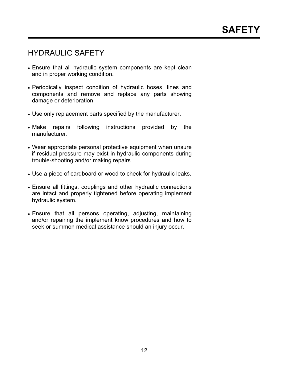 Safety, Hydraulic safety | Seed Hawk TOOLBAR 2008 User Manual | Page 17 / 85