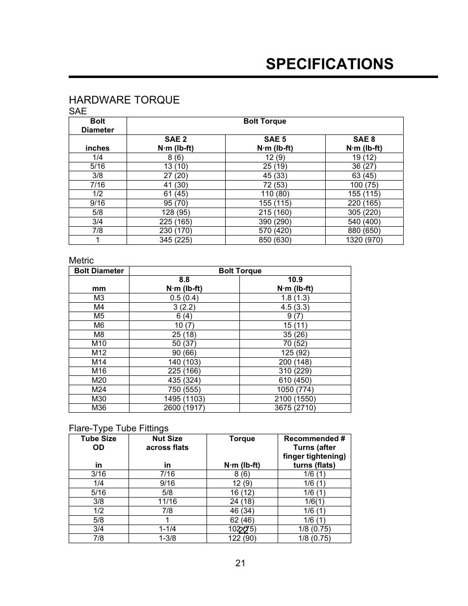 Specifications, Hardware torque | Seed Hawk TOOLBAR 2008 User Manual | Page 26 / 85