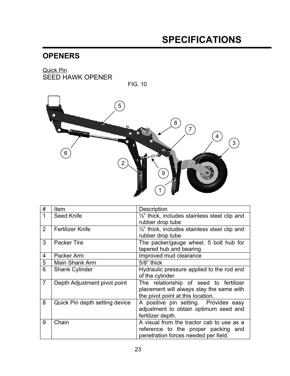 Specifications, Openers | Seed Hawk TOOLBAR 2008 User Manual | Page 28 / 85