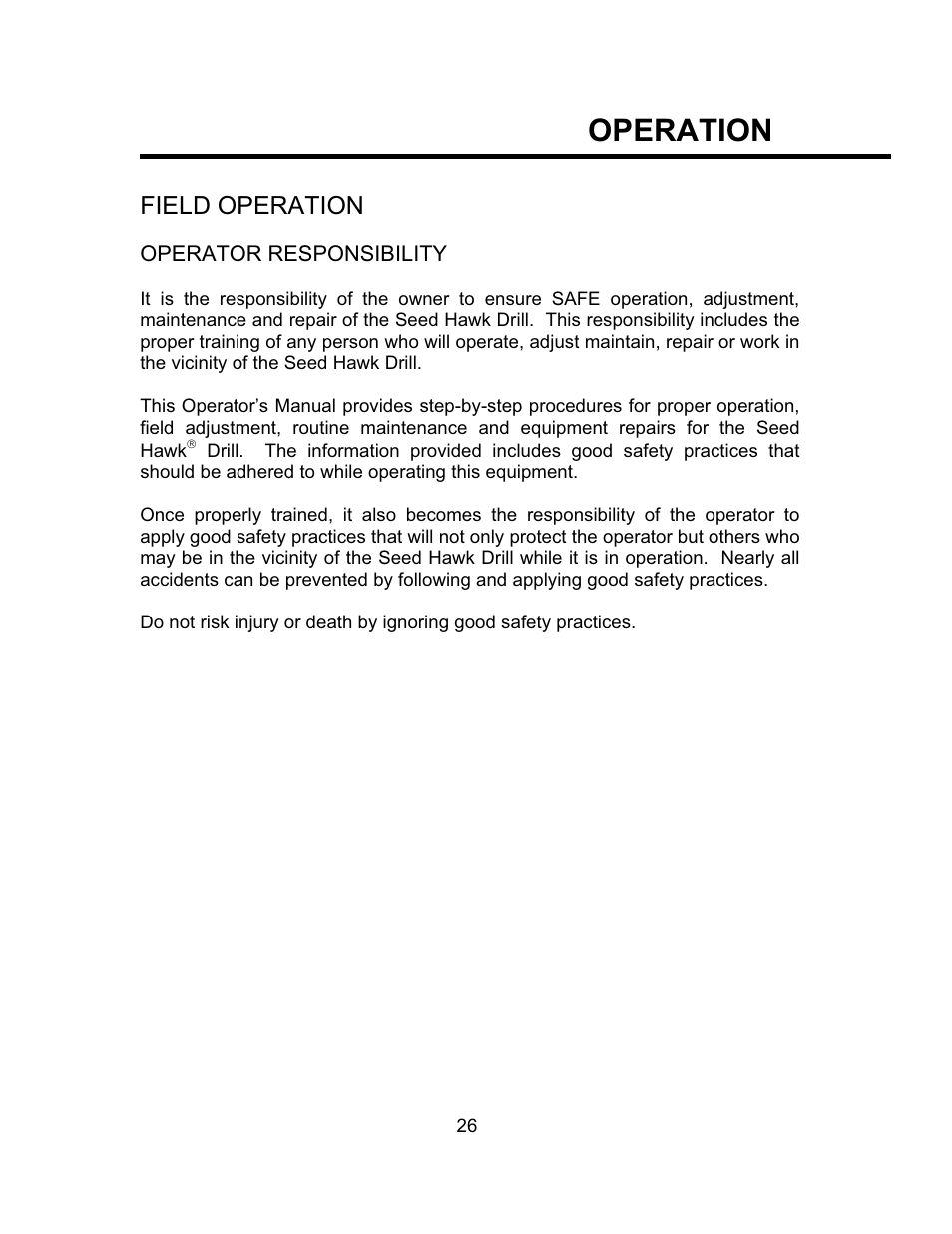 Operation, Field operation | Seed Hawk TOOLBAR 2008 User Manual | Page 31 / 85