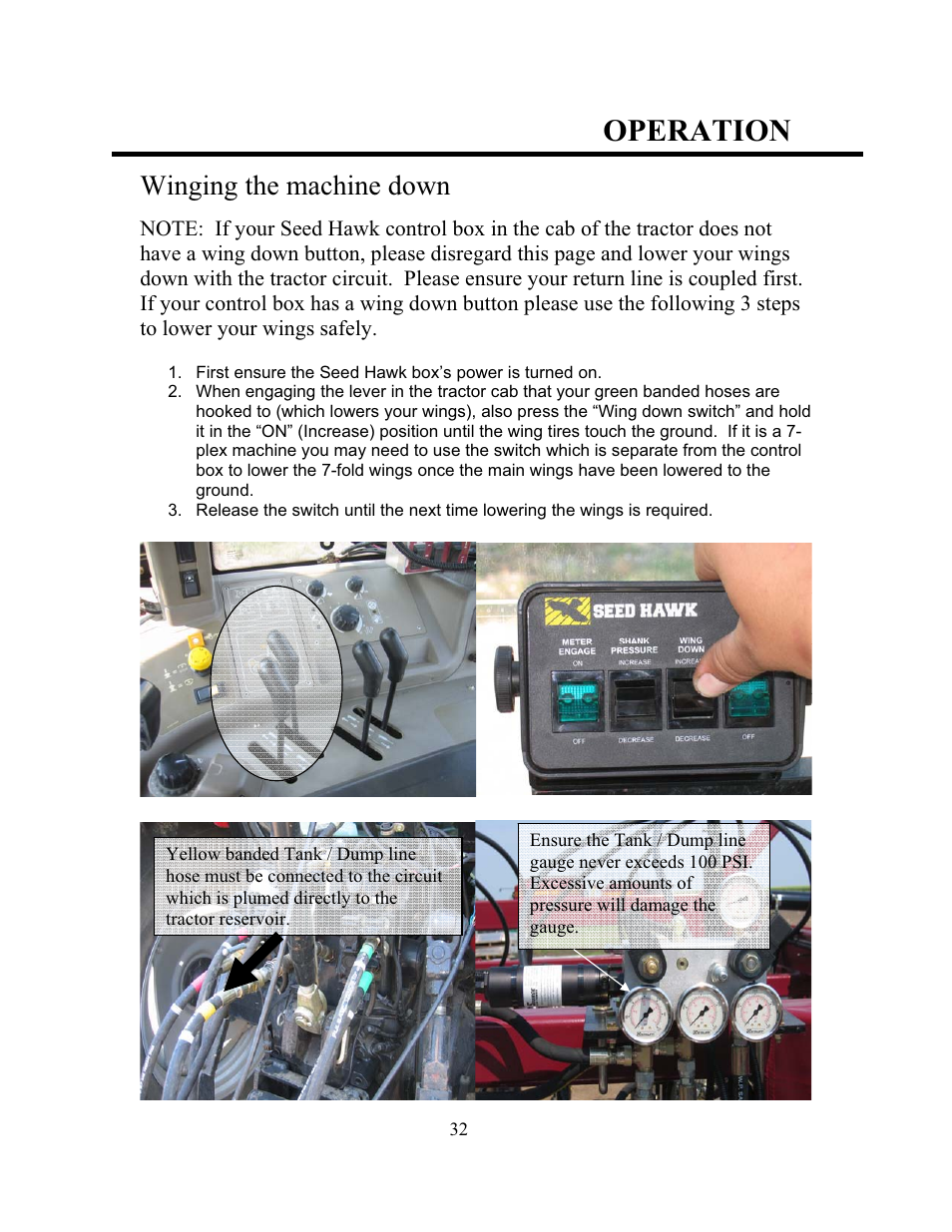 Operation, Winging the machine down | Seed Hawk TOOLBAR 2008 User Manual | Page 37 / 85