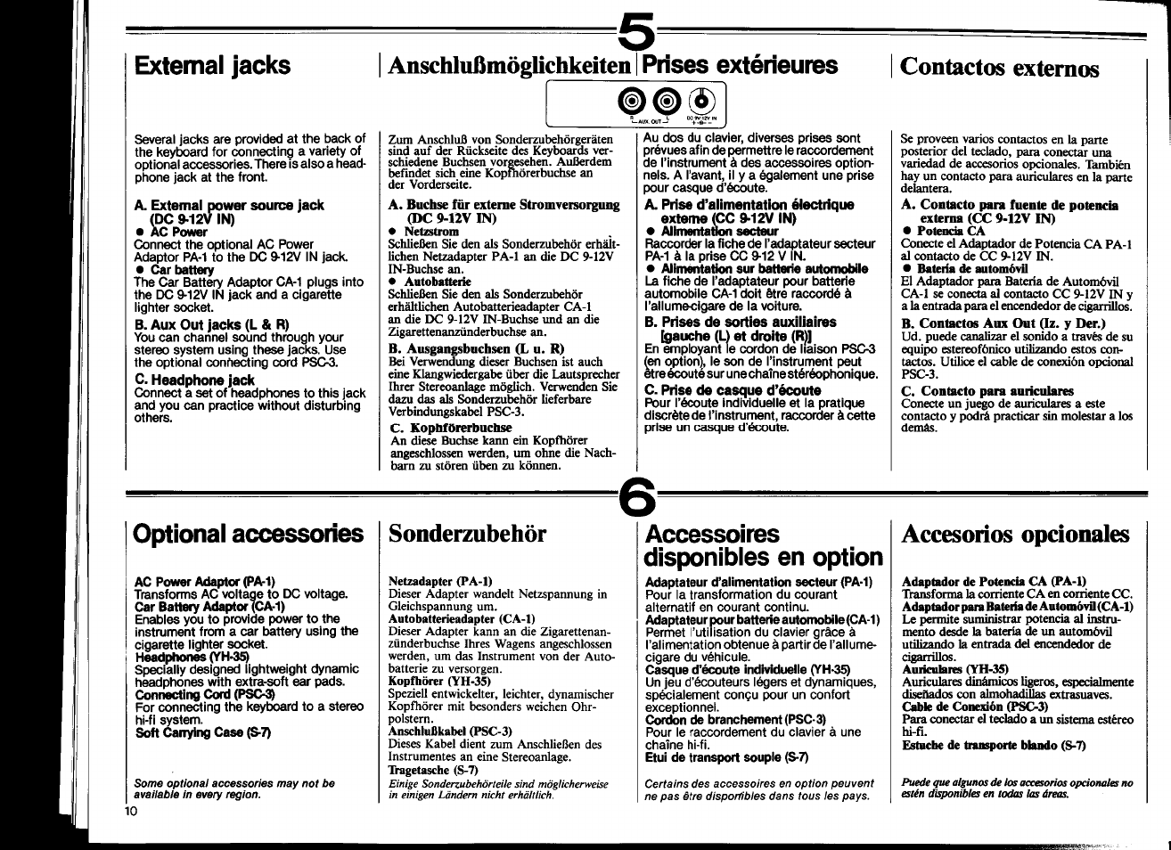 B. ausgangsbucbsen (l u. r), C. kophförerbuchse, Alimentation secteur | C. prise de casque d’écoute, Sonderzubehör, Adaptateur d’alimentation secteur (pa-1), Casque d’écoute individuelle (yh-3, Cordon de branchement (psc-3), Etui de transport souple (s-7), Anschlußmöglichkeiten | Yamaha PSS-450 User Manual | Page 12 / 16