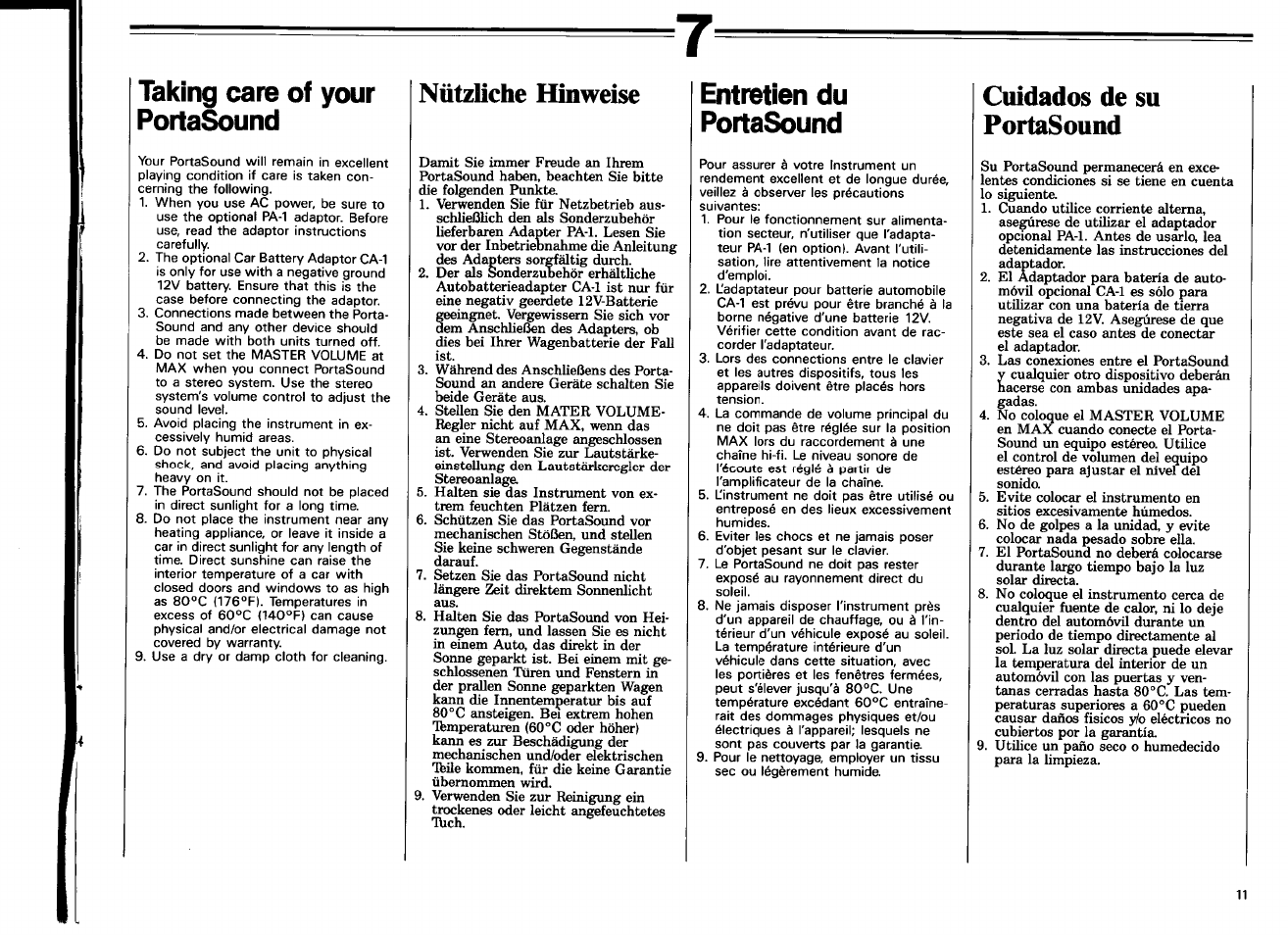 Nützliche hinweise, Cuidados de su portasound, Taking саге of your portasound | Entretien du portasound | Yamaha PSS-450 User Manual | Page 13 / 16