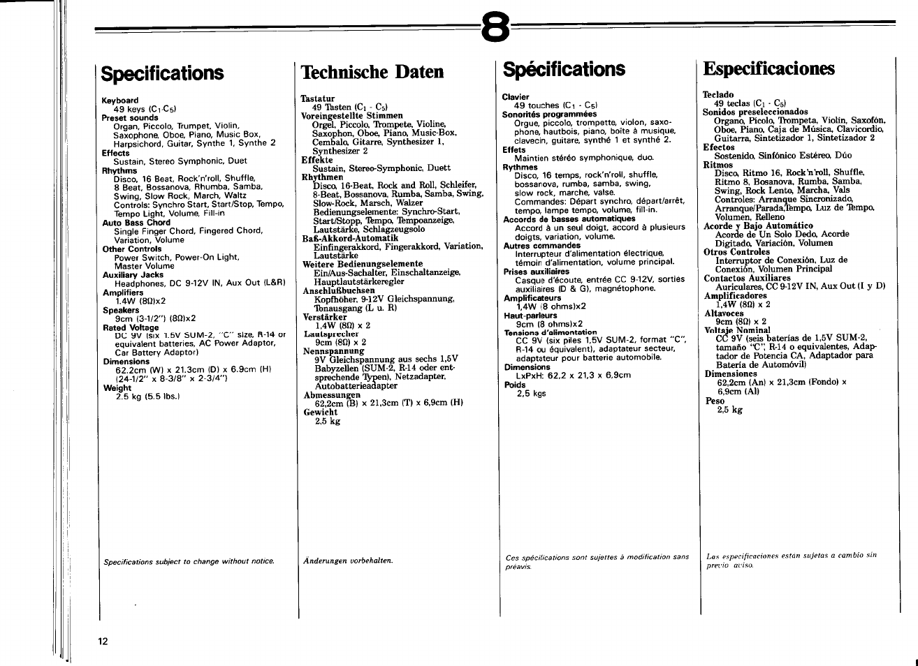 Technische daten, Especificaciones, Specifications | Spécifications | Yamaha PSS-450 User Manual | Page 14 / 16